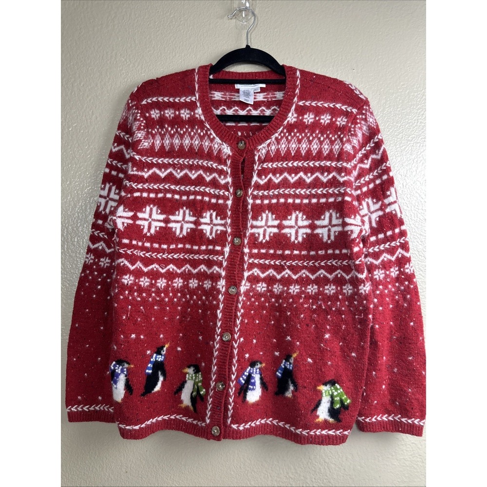 Vintage Coldwater Creek Penguin Winter Cardigan Knit‎ Festive Holiday Sweater XL